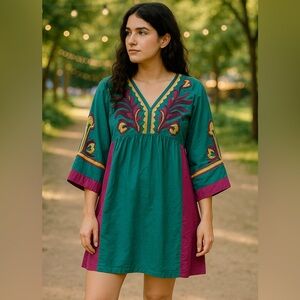 JODIFL Teal and Magenta Embroidered Mini Dress
